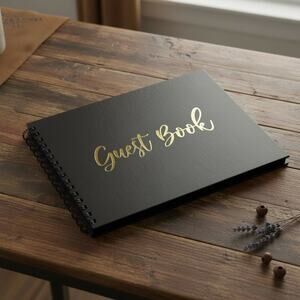 Black Guest Book Wedding 10x8 Hardcover Gold Foil Lettering 70 Pages w/ Pen
